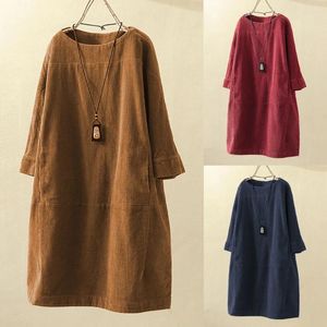 Casual Dresses Women Vintage Pockets Corduroy Solid Color Long Sleeve Loose Dress Elegant Patchwork Robe Femme Vestido