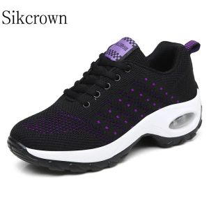 Обувь фиолетовая женщина комфортная обувь увеличивает летающие плетения спорт с амортизатором, а также дышащие легкие платформы для кроссовок 42