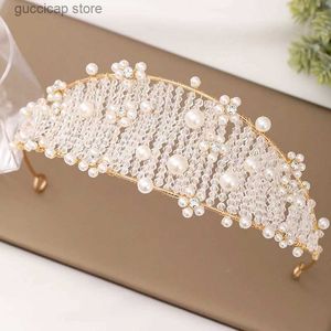 Tiaras Bridal crown fashion gold headband Handmade Beaded Crystal Crown wedding simple headdress holiday female hair accessories Y240319