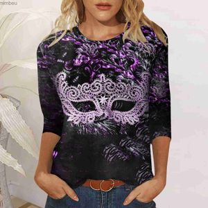 T-shirt da donna Mardi Gras T-shirt da donna Vacanze Maschera stampata manica 3/4 O collo T-shirt Top camicetta T-shirt Mardi Gras Outfit per le donneC24319