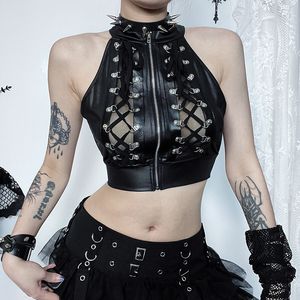 Women's Tanks Women Punk Streetwear Harajuku Lace-up See Through Zipper Halter Crop Tank Tops