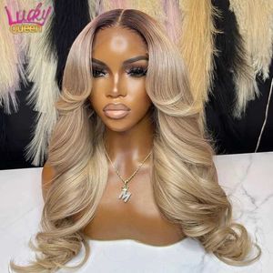 Syntetiska peruker 13x6 Ombre Blond färgad frontala peruk Human Hår för kvinnor Transparent 13x4 Spets Front Human Hair Wig With Dark Root Pre Plucked 240328 240327