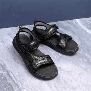 Sandalen authentisch echter wahrer Alligator Leder Hersteller lässiger Haken Look Sandalen echte exotische Krokodilhaut Männliche Freizeitflats Schuhe