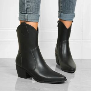 Stiefel amerikanische übergroße Frauenstiefel Schwarze Retro Britisch -Stil wasserdichte Lederstiefel vielseitige dicke heelierte spitze Ritterstiefel