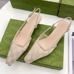 Designer Sandals Dress Shoes Slingback Mid Heel Slippers Square Toe Crystal Sparkling Print Pumps Party Wedding Leather Heels Slide
