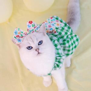 Dog Apparel Summer Dress Pet Set With Sleeves Headdress Plaid Clothes Skirt For Cat Clothing Supplies Exquisite Edging