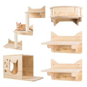 MIUZMORE Estrutura de parede para gato de pinho para escalada, conjunto de 5 móveis, poleiros, casa, escada de sisal, degraus e plataforma de viagem