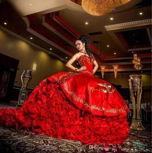 Red Luxury Satin Beaded Ball Gowns Sweet 16 Quinceanera Dresses Sweetheart Gold Embroidery Layered Ruffles Prom Dresses69844571259074
