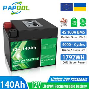 LifePo4 Battery 12V 140AH 100AH ​​Inbyggd klass A-cell 4S 12.8V BMS 200AH 240AH 360AH Laddningsbar sol litiumbatteri skattefria gratis