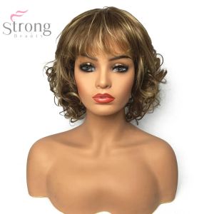 Perücken StrongBeauty Damen-Synthetik-Perücke, kappenlos, kurzes lockiges Haar, blond/kastanienbraun, natürliche Perücken