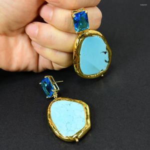 Kolczyki Dangle GG 10x15 Blue Cz Crystal Stud Natural Turquoises Złoty Kolor Pleted Edge Earring