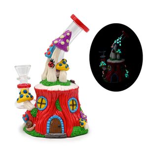 1pc,7in,Glass Bongs With Cute Mushrooms House,Glow In Dark,Mushroom Borosilicate Glass Water Pipe,Glass Hookah,Polymer Clay Cartoon Mushroom & Snail Glass Smoking Item