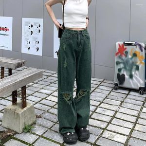 Frauen Jeans Hip Hop American Dark Green Ripped Frauen Frühling Sommer Hohe Taille Gerade Baggy Breite Bein Hosen Weibliche