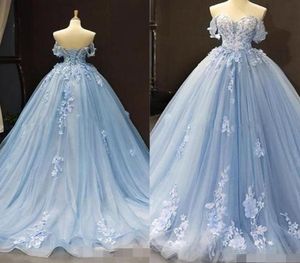 Небесно-голубые платья Quinceanera с открытыми плечами и кружевной аппликацией 2020, со шлейфом и корсетом на заказ, сзади Sweet 16, бал для вечеринки по случаю дня рождения 1225133