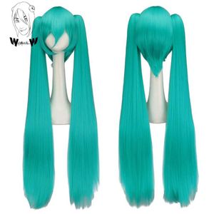 Perucas sintéticas cosplay perucas lunático w cabelo sintético miku cosplay peruca longa verde resistente ao calor perucas de festa com 2 clipe rabos de cavalo perucas 240328 240327