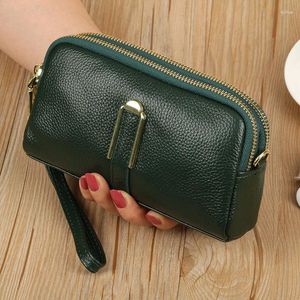 Shoulder Bags High Quality Genuine Leather Women Clutch Wallet Small Crossbody Real Mobile Phone Double Zipper Money Purses