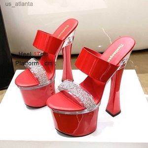 Dress Shoes Dress Shoes Slippers Waterproof Platform Rhinestone 2023 Summer New Transparent Band Thick Heel Sandals High Heels Fashion Model Shoes IES9 H240321