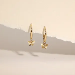 Серьги-кольца, ювелирные изделия, висячие обручи в форме бабочки, настоящее 14-каратное твердое золото, подвеска-капля, Huggie для женщин