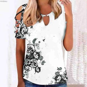 Camiseta feminina 2024 novo ombro de orvalho camisetas femininas oco manga curta floral camisetas tripulação pescoço moda casual verão topos feminino solto teesc24319