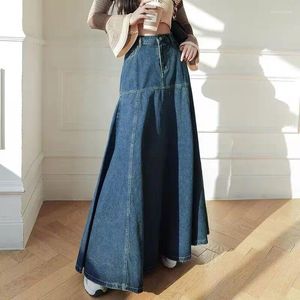 Skirts High Waist Maxi Denim Women Summer Autumn Pockets Jeans Skirt Ladies Korean Fashion Jupe Femme