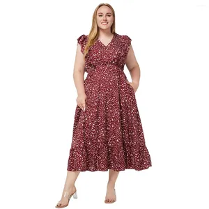 Vestidos casuais boêmio vestido grande tamanho mulheres verão v-pescoço manga curta babados impresso bolso midi robe femme roupas de férias vestido