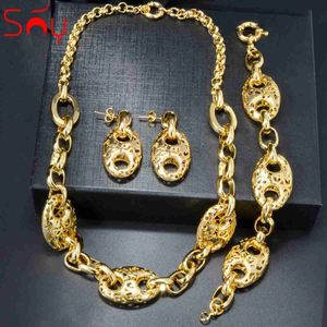 Bangle celular sólido e feijão de café brinco colar conjunto de pulseiras punk mulheres dubai cor de ouro colar de jóias de casamento 240319
