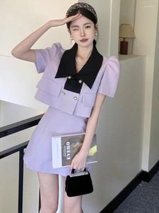 Work Dresses Temperament Fashion Lapel Coat Skirt Two-piece Set Women Bubble Sleeve Double Breasted Contrast Color French Slim Summer Suit