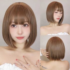 Synthetic Wigs Light Brown Synthetic Wigs Straight Short Bob Cut with Bangs Wig for White Women Korean Daily Party Cosplay Heat Resistant Hair 240328 240327