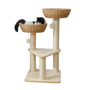 SHENGOCASE Torre moderna para camas grandes com cesta de corda de papel tecida à mão, poleiro de janela, árvore de vime para gatos (2 cestas)