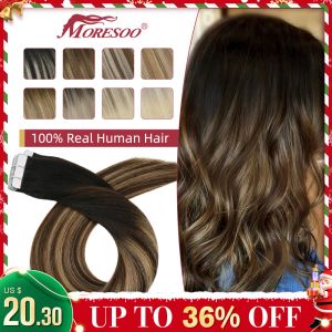 Extensions Moresoo Tape in Haarverlängerungen, brasilianisches Echthaar, schwarzes Ombre bis braunes Haar, blondes Remy-Haar, glatte, nahtlose Haarverlängerung