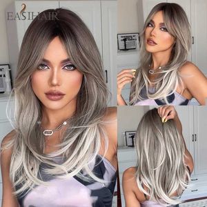 Synthetic Wigs EASIHAIR Ombre Brown Blonde Layered Synthetic Wigs with Bang Long Straight Gray Ash Hair Wig for Women Daily Use Heat Resistant 240329