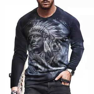 Homens camisetas Vintage Indianos Estilo 3D Impressão Outono Mens Redondo Pescoço T-shirt com Manga Longa Camisola Moda Mens Roupas 240327