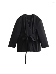Women's Jackets ZADATA 2024 Clothing Simple Casual Fashionable And Designed V-neck Top Lace-up Kimono Style Jacket