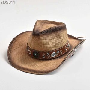 Wide Brim Hats Bucket New Weaving Str Hat Western Cowboy Spring Summer Vintage Panama Sun Elegant Cowgirl Jazz Cap Sombrero Hombre 240319