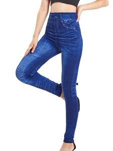 Kvinnors leggings sexiga kvinnor sömlösa fitness leggins flicka stickad hög midja tryck faux jeans denim jegings femme