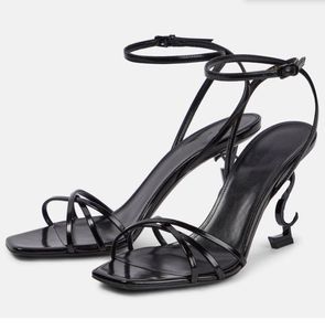 Summer Sandal Opyum Topuklu Sandal Camlı Deri 85/100mm Topuk Ablack Deri Yüksek Topuklu Nkle Kayış Açık Ayak Toe Düğün Elbise Ayakkabı 35-42Box