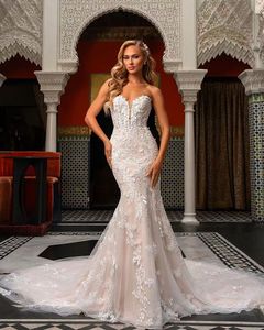 Luksusowa sukienka ślubna Mermaid Princess zamek błyskawiczny Znakomite aplikacje bez rękawów koronkowa sukienka mopowa Vestido de novia 2024