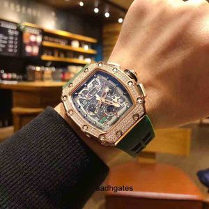 Luxury mens Mechanics Watch Richa Net Red Miller Rm011 Full Sky Star Diamond Inlaid Mechanical Men's Multifunctional Wine Barrel Silicone St