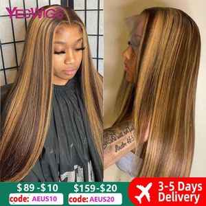 Synthetic Wigs Synthetic Wigs Highlight Wig Honey Blond Colored Brown Lace Front Human Hair Wigs For Women Human Hair 13x4 HD Transparent lace Frontal Wigs 240327