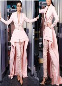 Elegant designer High Low Jumpsuits Evening Formal Dresses V Neck Pink Spets Pants Prom Party Wear med långa ärmar Satin Sash CEL5600135