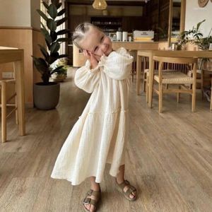 Girl Dresses 2024 Kids Dress For Girls Spring And Autumn Lotus Leaf Lace Cotton Linen Casual Princess Bubble Sleeve