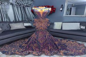 Sparkly Long Prom Dresses 2022 Sexig Mermaid Lavender Sequin African Women Black Girls Gala Celebrity Evening Party Night Gowns9448159