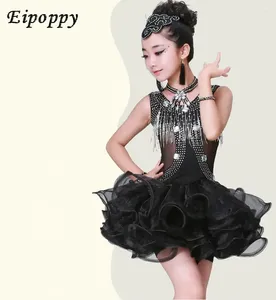 Stage Wear Children's Latin Dance Costumes Drill Tube Beads Play Clothing Match Pompon Dress