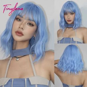 Syntetiska peruker Bob Blue Curly Wavy peruker med lugg korta färgglada cosplay peruker för kvinnor afro halloween daiiy naturligt värmebeständigt falskt hår 240328 240327