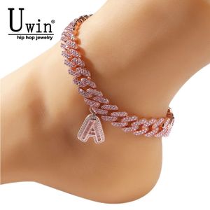 Uwin S-Link Miami Cuban Link Fußkettchen mit Baguette-Buchstabe Iced Out Link Bling Hip Hop Schmuck für Damen Herren 240313