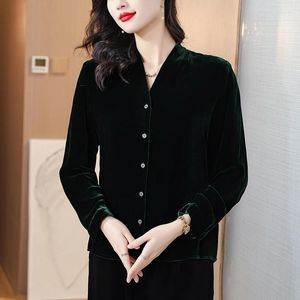 Damenblusen Herbst Winter Grüner Samt Langarm Damen Mode Bodycon Chic Top Shirts 2024 Koreanische Vintage Casual Damen Mäntel