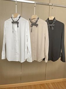 Blusas femininas camisa para mulher 2024 frisado fita babados colarinho botões cobertos cor sólida solta commuter blusa de manga comprida
