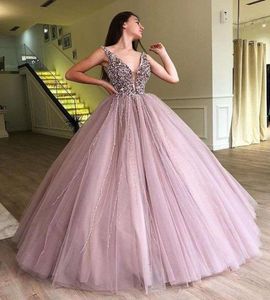 2019 Fairy Lilac V Neck Evening Sukienki Świeci Kryształowe koraliki Linia Puffy Tiulle Formal Contaid Sukienki balowe na zamówienie 6123584