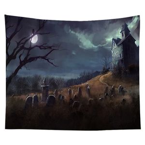 Halloween Tapestry Castle of the Night Cemetery Tapestry Hippie Tapestry Wall Hanging For Bedroom Dorm Living Room Home Decor 240304