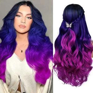 Synthetic Wigs Cosplay Wigs Long Purple Wavy Wigs Ombre Purple Body Wave Mermaid Hair Wig For Women Middle Part Colorful Curly Synthetic Hair For Halloween 240329